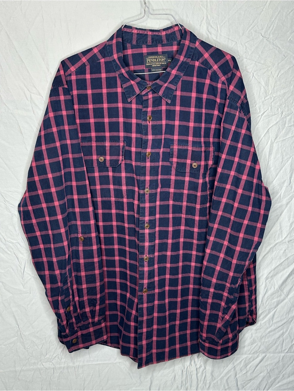 Pendleton Plaid Button Up Shirt XXL Blue Pink 100% Cotton Long Sleeve Men’s